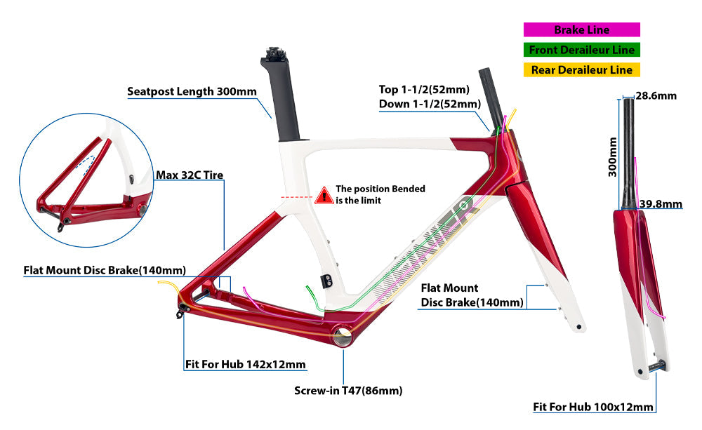 Road Carbon Frameset 700C Racing Bike Frame with 142x12mm Hub Disc Brake Lightweight Aero Design