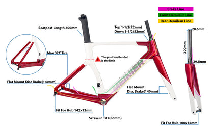 Road Carbon Frameset 700C Racing Bike Frame with 142x12mm Hub Disc Brake Lightweight Aero Design