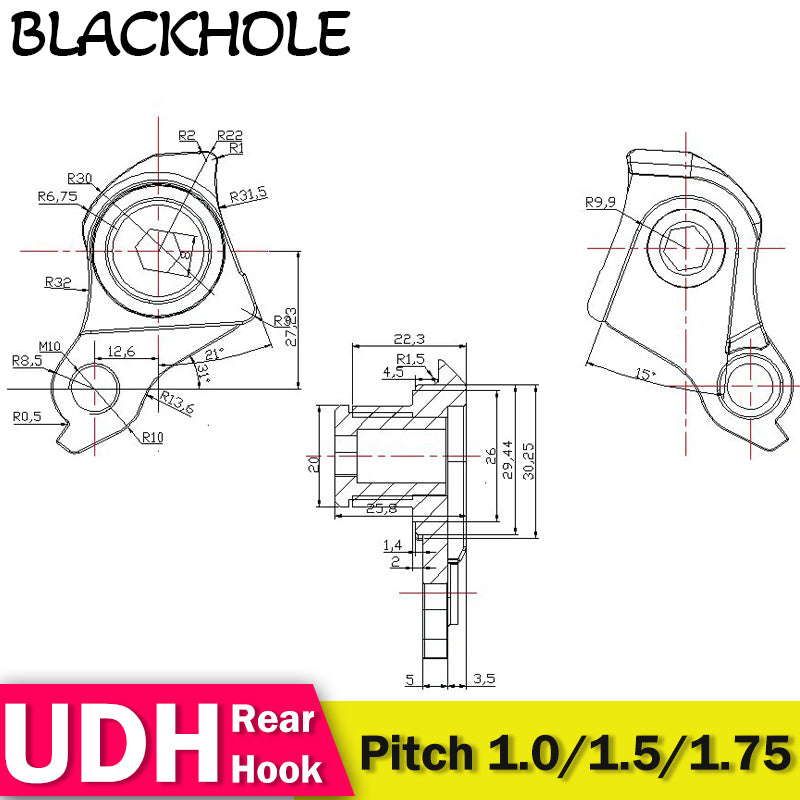 Suitable for SRAM UDH Rear Hook Bicycle Frame P1.0/1.5/1.75 Thru Axle Rear Derailleur Hanger MTB E-Bike UDH Rear Hook Bike Parts