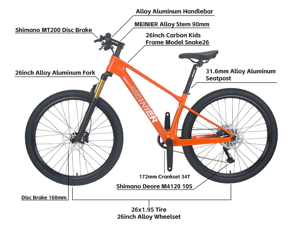 MEINIER Snake26 Air 26 Inch Carbon Fiber Mountain Bike DEORE M4120 10Speed Disc Brake Teen MTB