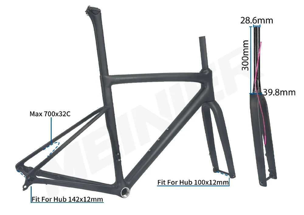Lightweight Carbon Road Bike Frame with Integrated Handlebar Carbon Bike Frameset UDH Hanger Max 32C Tire for Road Bicycles