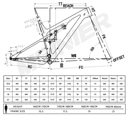 Carbon MTB Frame 29 Full Suspension Mtb Frame 110mm Frame Rear Shock Travel Length 190x50mmx22mm