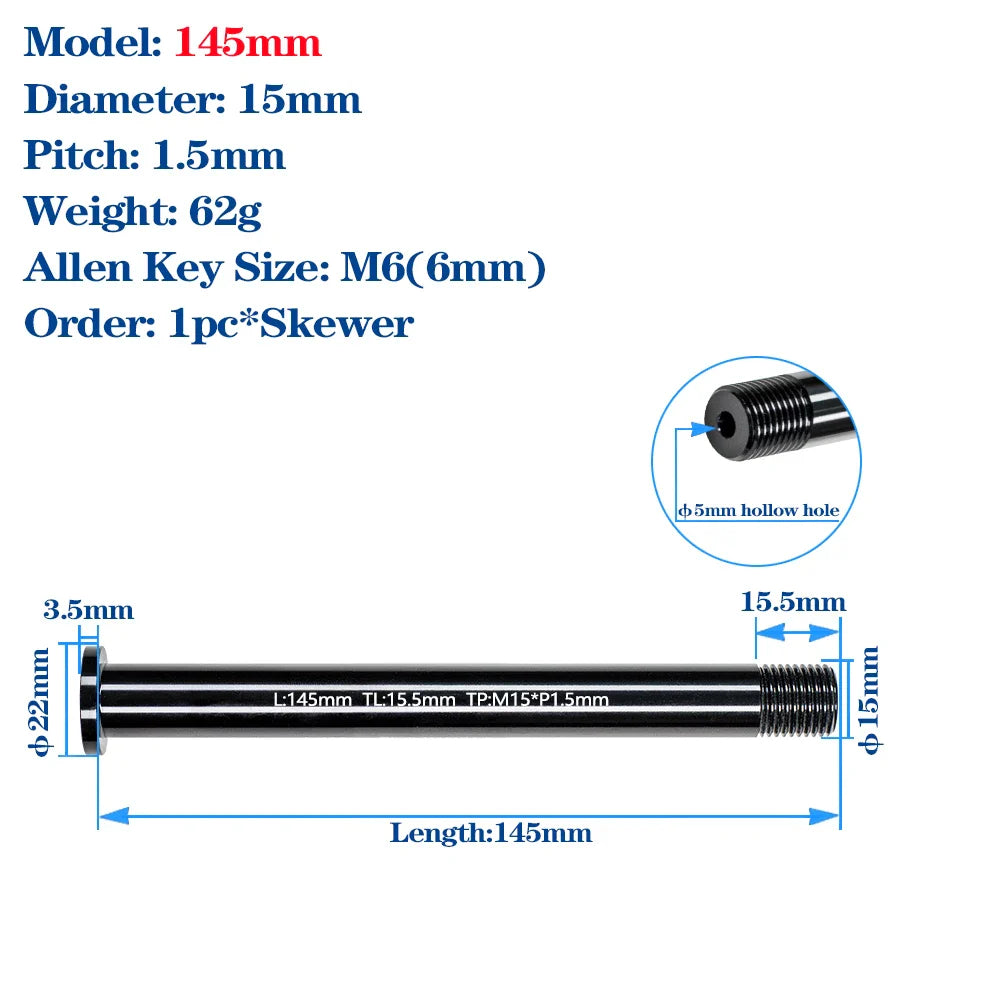 M15*P1.5 MTB Thru Axle Skewers Mountain Bike Fork 15mm Thru Axle Quick Release Shaft Nut Full Suspension Fork Thru Axle Skewers