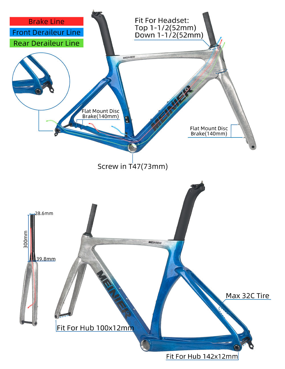 Carbon Road Bike Frame Internal Cable Routing T47 Max 32C Tire Lightweight Carbon Disc Road Bike Frame
