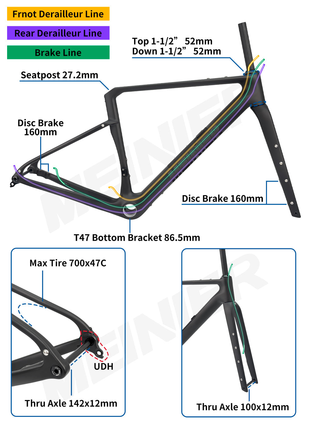 Carbon Gravel Frame Flat Mount Disc Brake 700C*47C T47 Bottom Bracket Internal Cable Gravel Bicycle Frameset Road Bike