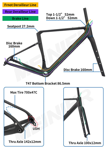 Carbon Gravel Frame Flat Mount Disc Brake 700C*47C T47 Bottom Bracket Internal Cable Gravel Bicycle Frameset Road Bike